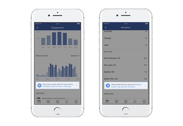 Facebook expanded the Group Insights to include helpful tips like scheduling posts at times when members are most engaged.
