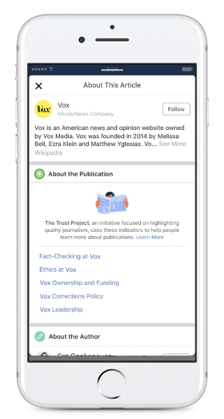 Facebook will begin displaying new publisher Trust Indicators for articles shared in the News Feed.