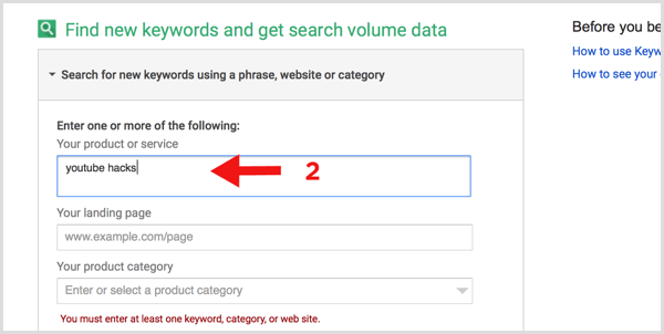 Google Keyword Planner search for new keywords