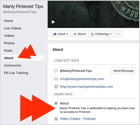 Facebook page About tab