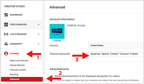 YouTube add channel keywords