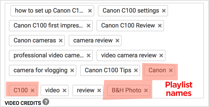 YouTube video tag playlist names