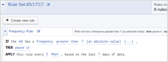 Facebook Ads Manager automated rule frequency greater than