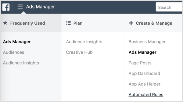 Facebook Ads Manager automated rules dashboard