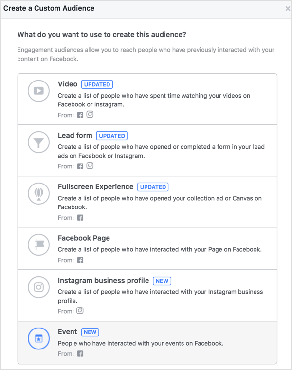Facebook Ads Manager create custom audience based on event engagement