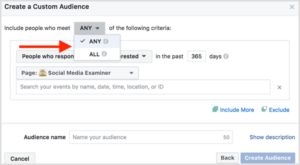 Facebook Ads Manager create custom audience based on event engagement