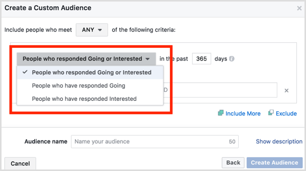 Facebook Ads Manager create custom audience based on event engagement