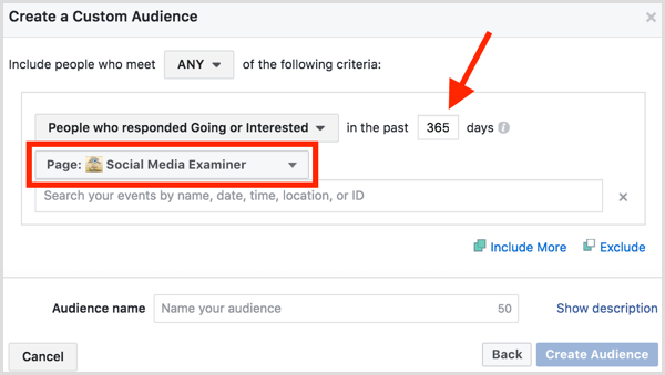 Facebook Ads Manager create custom audience based on event engagement