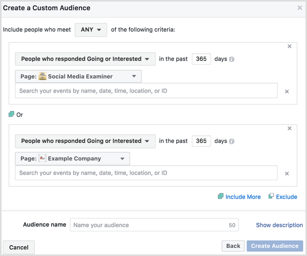 Der Facebook Ads Manager erstellt eine benutzerdefinierte Zielgruppe basierend auf dem Engagement der Veranstaltung