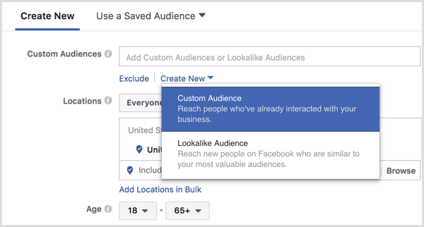 Facebook Ads Manager create custom audience during ad setup