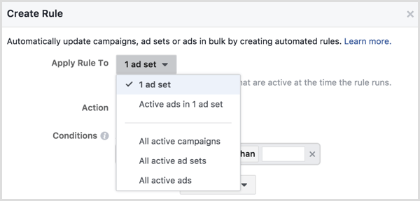 Facebook Ads Manager create rule
