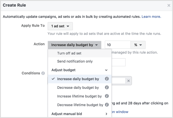 Facebook Ads Manager create rule