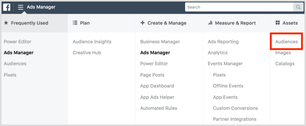 Facebook Ads Manager open Audiences dashboard