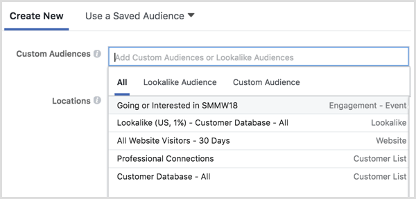 Facebook Ads Manager select custom audience in ad targeting