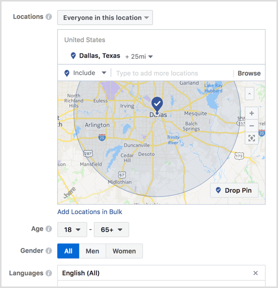 Facebook create ad campaign locations