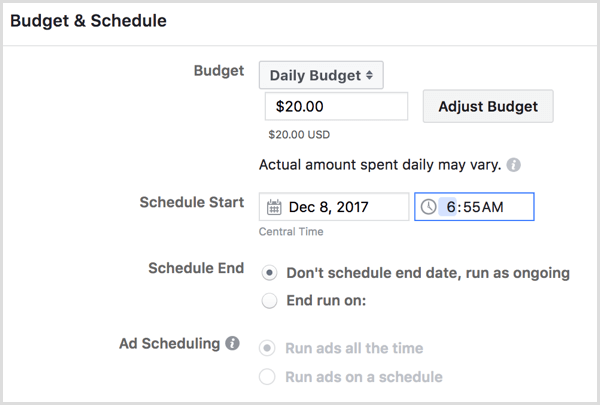 Facebook create ad campaign schedule