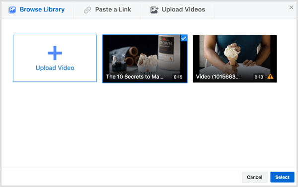 Facebook Video erstellen und Video auswählen