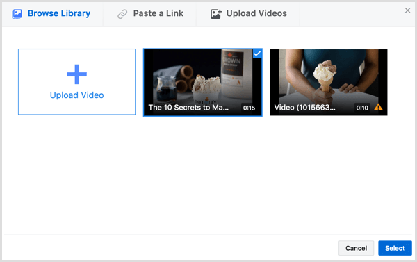 Facebook create video ad select video