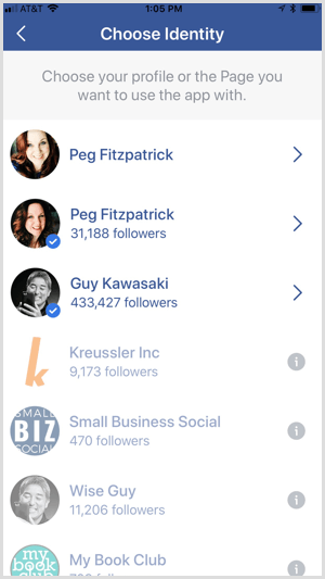 Facebook Creator app choose identity