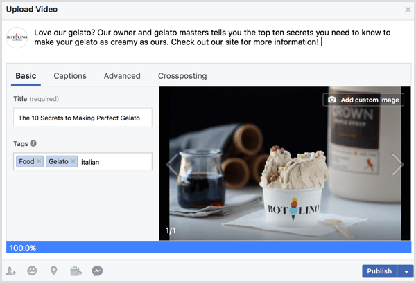 Facebook page upload video add tags