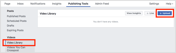 Facebook page video library upload