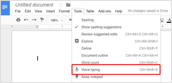 Opción de escritura de voz de Google Docs
