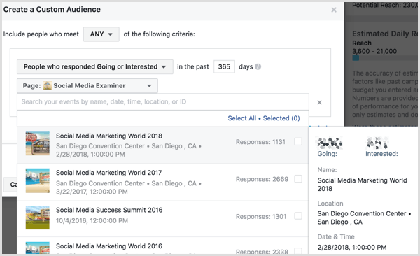 Der Facebook Ads Manager erstellt eine benutzerdefinierte Zielgruppe basierend auf dem Engagement der Veranstaltung
