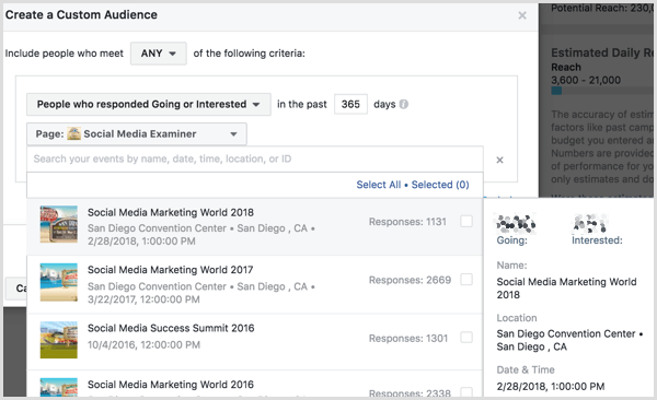 Facebook Ads Manager create custom audience based on event engagement