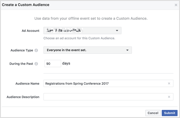 Facebook create custom audience from offline event