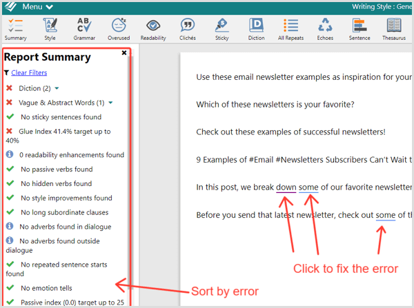 ProWritingAid combo check report