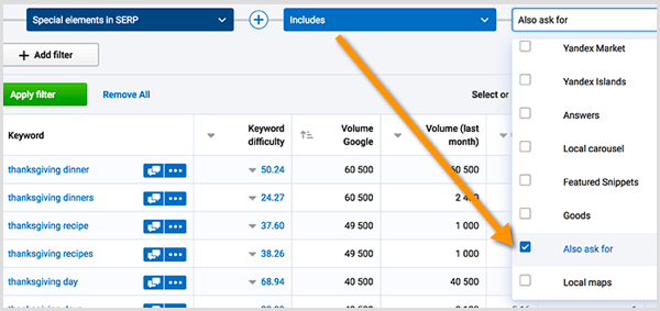 Serpstat keyword research apply filters