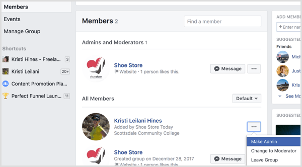 Facebook add profile to group as admin