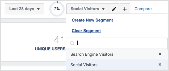 Facebook Analytics segments menu options