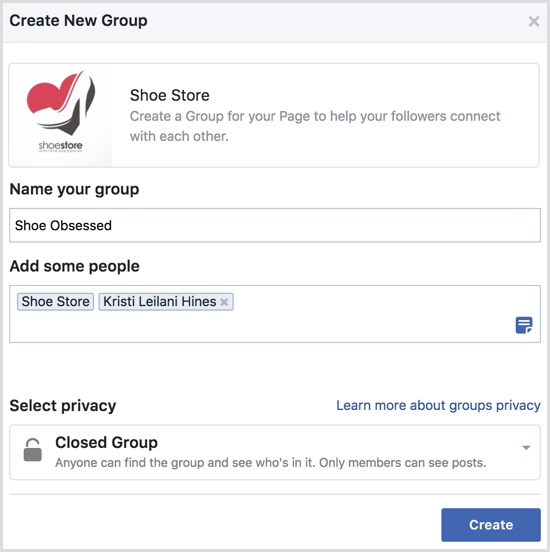 Facebook create group with page