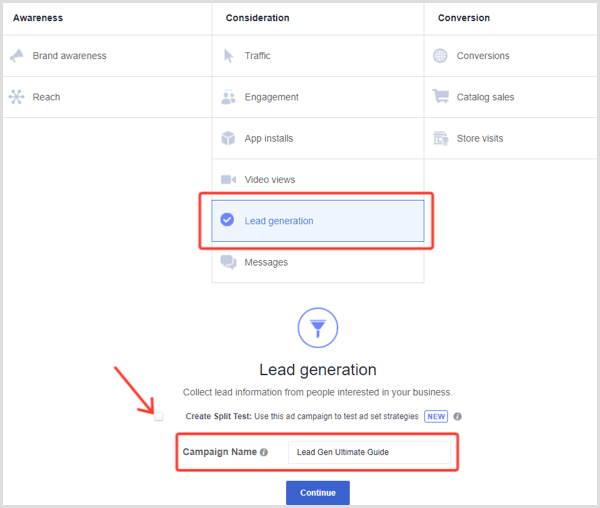 Facebook create lead ad campaign