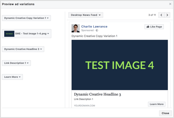 Facebook dynamic creative ad preview