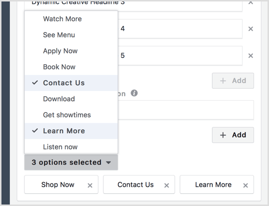Facebook dynamic creative CTA