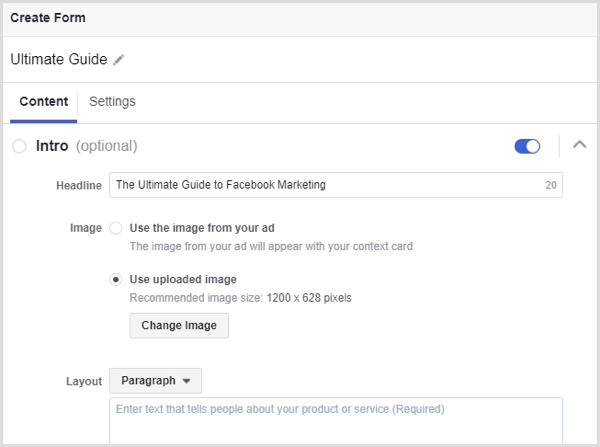 Facebook lead ad create form