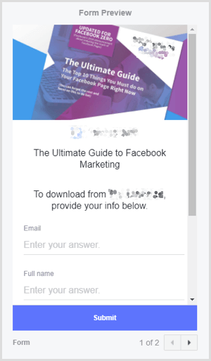 Facebook lead ad create form