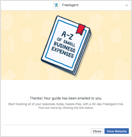 Facebook lead ad form confirmation example