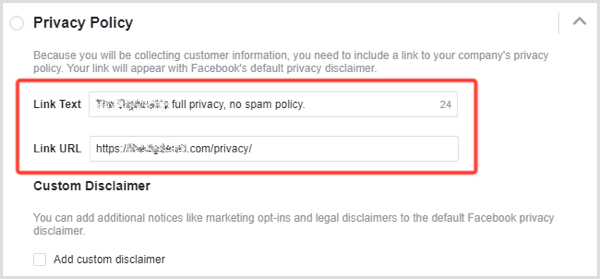 Facebook lead ad privacy policy