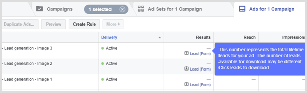 Facebook lead ad results