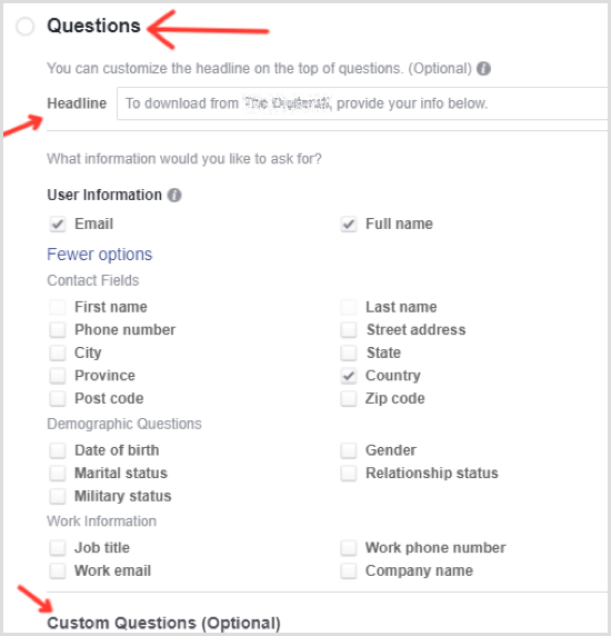 Facebook lead ad select questions