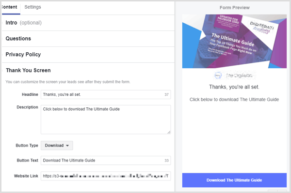Facebook lead ad thank you screen