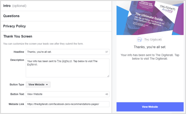 Facebook lead ad thank you screen