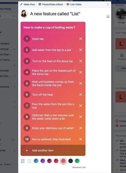 Facebook introduced a new post feature called list that allows users to create a numerated list with a title.
