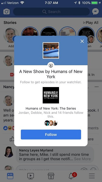 Facebook alerts mobile users when new Watch episodes are available to view.