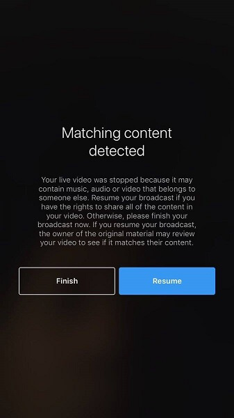 Instagram unterbricht jetzt ein Live-Video, wenn festgestellt wird, dass der gestreamte Audio-, Musik- oder Videoinhalt das Urheberrecht eines anderen verletzt.