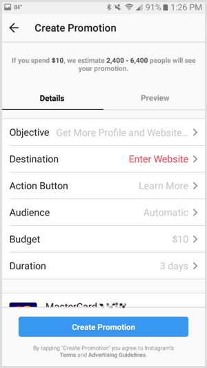 Instagram ads create promotion destination