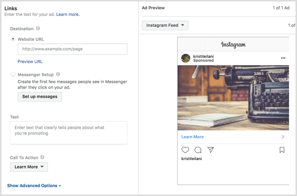 Instagram ads destination cta text